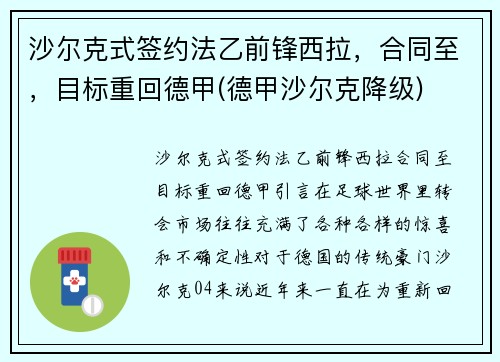 沙尔克式签约法乙前锋西拉，合同至，目标重回德甲(德甲沙尔克降级)
