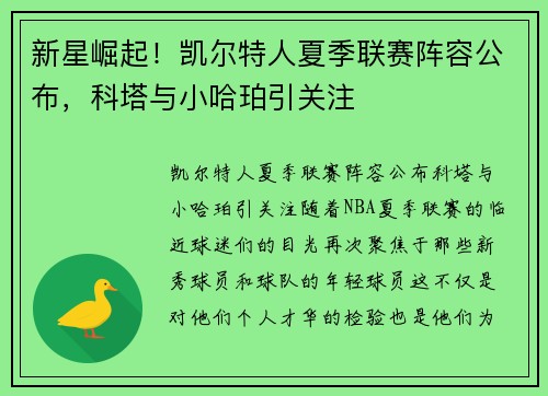 新星崛起！凯尔特人夏季联赛阵容公布，科塔与小哈珀引关注