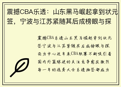 震撼CBA乐透：山东黑马崛起拿到状元签，宁波与江苏紧随其后成榜眼与探花