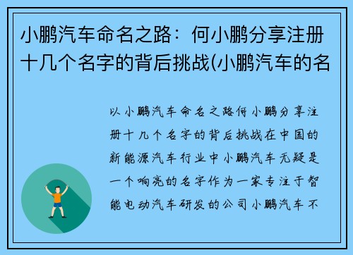 小鹏汽车命名之路：何小鹏分享注册十几个名字的背后挑战(小鹏汽车的名字怎么取得)