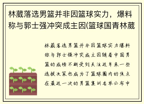 林葳落选男篮并非因篮球实力，爆料称与郭士强冲突成主因(篮球国青林葳)