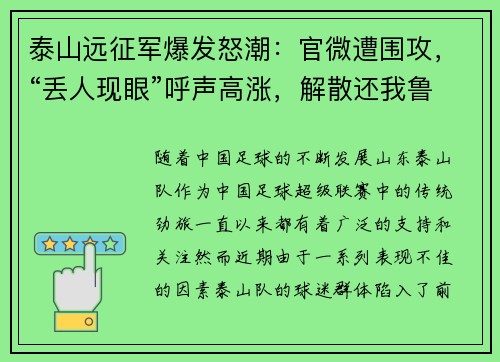 泰山远征军爆发怒潮：官微遭围攻，“丢人现眼”呼声高涨，解散还我鲁能！