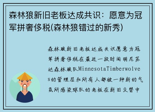森林狼新旧老板达成共识：愿意为冠军拼奢侈税(森林狼错过的新秀)