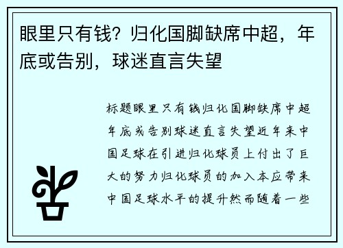 眼里只有钱？归化国脚缺席中超，年底或告别，球迷直言失望